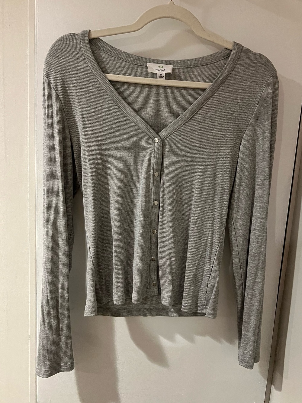 Gray Ribbed V-Neck Button Down Long Sleeve Top